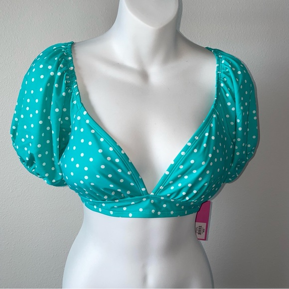 Polka Dot Swimsuit Puff Sleeve Top, Turquoise & White - Picture 1 of 6